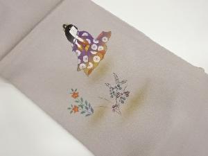 縮緬地金彩手描き花に人物模様名古屋帯